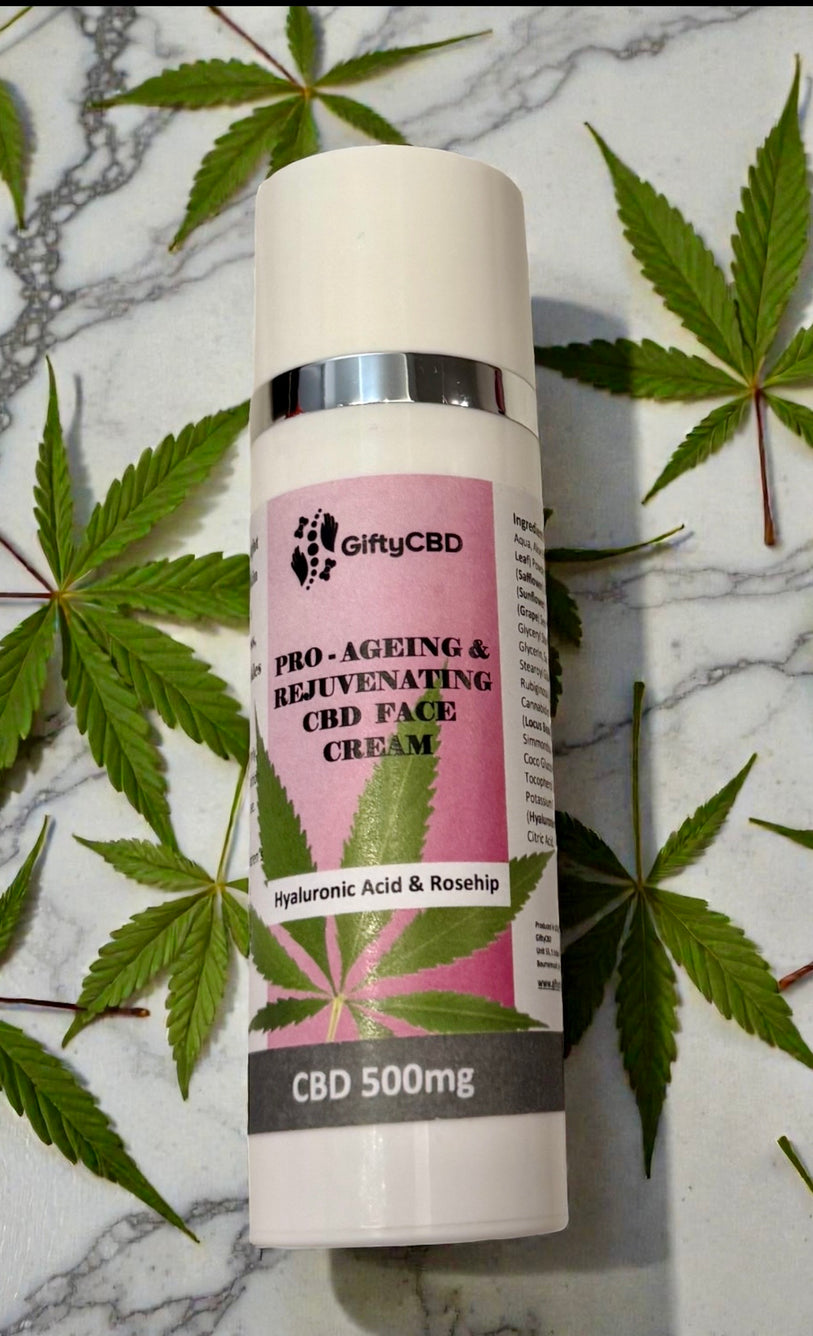 CBD face cream bottle with cannabis leaves on a marble background